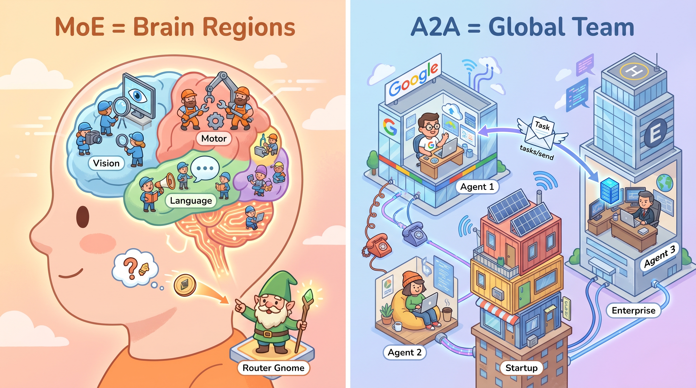 MoE 脑区 vs A2A 跨公司团队 比喻图